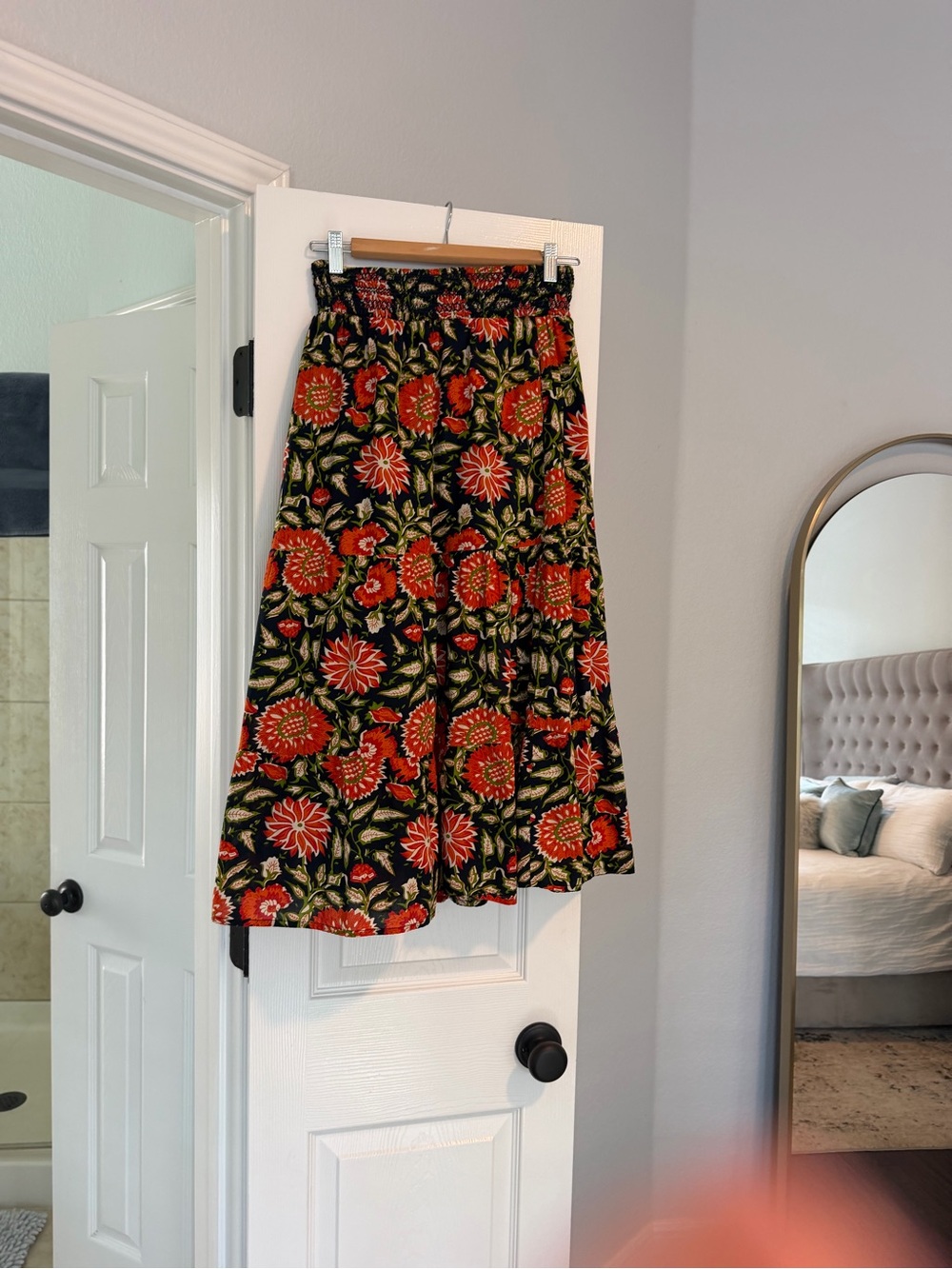 Evereve Navy Maxi Skirt with Red Floral Print